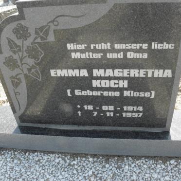 KOCH Emma Mageretha nee KLOSE 1914-1997