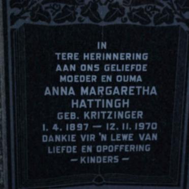 HATTINGH Anna Margaretha nee KRITZINGER 1897-1970