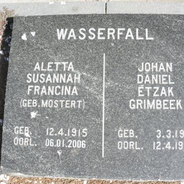 WASSERFALL Johan Daniel Etzak Grimbeek 1915-1992 &amp; Aletta Susannah Francina MOSTERT 1915-2006