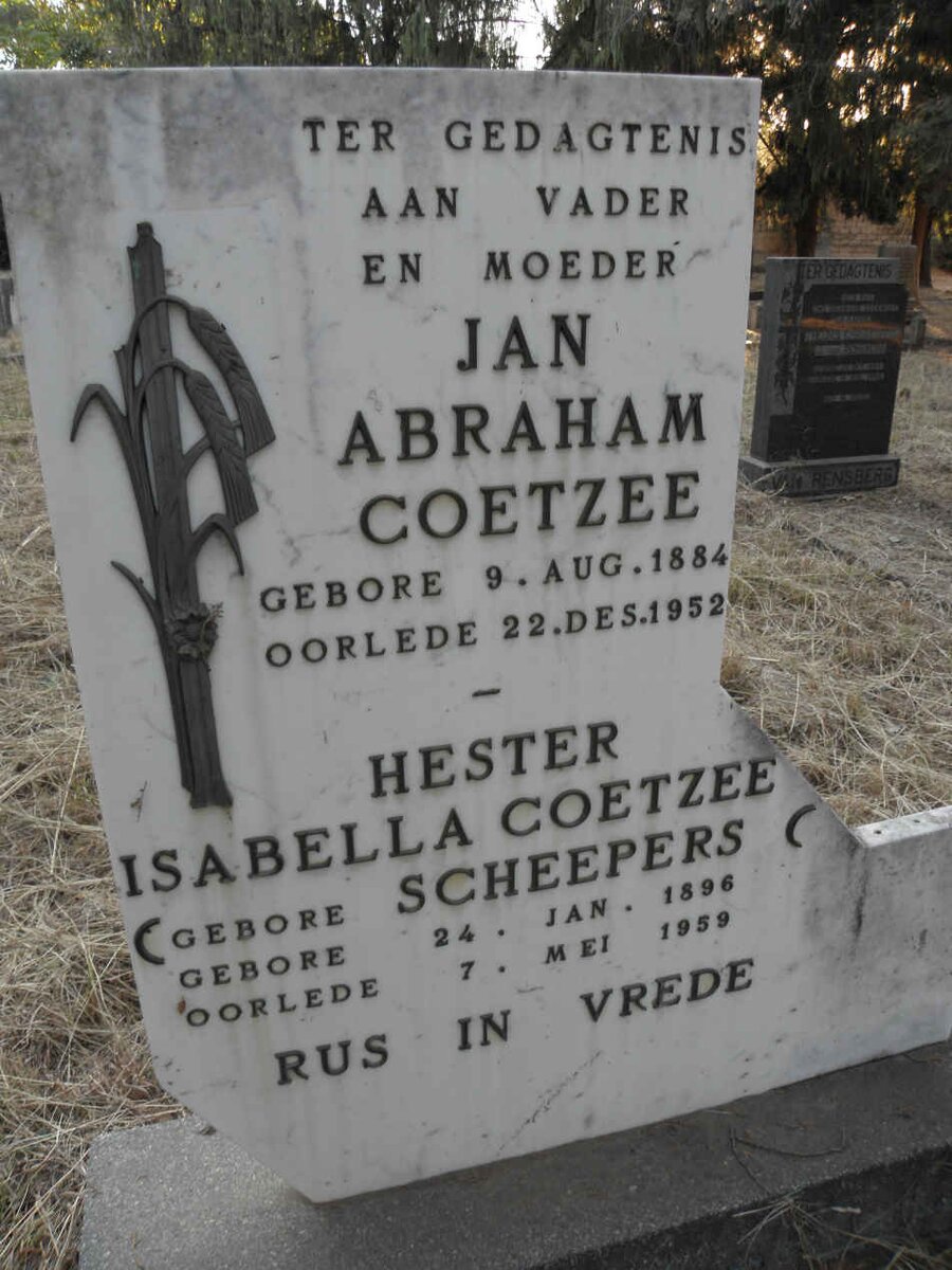 COETZEE Jan Abraham 1884-1952 &amp; Hester Isabella SCHEEPERS 1896-1959
